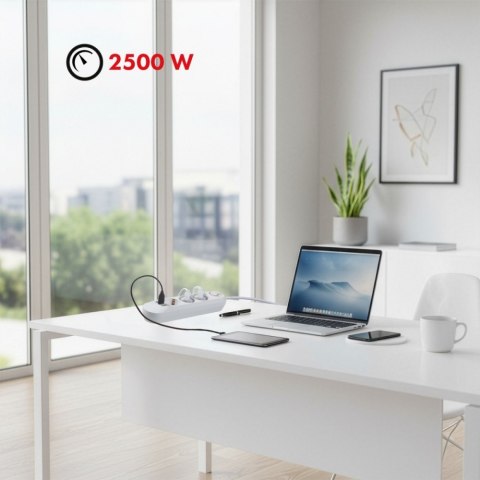 Listwa zasilająca MCE394 W 3 gniazda 3xUSB, 110-240V AC 50/60, 2.1A max 2500W, biała