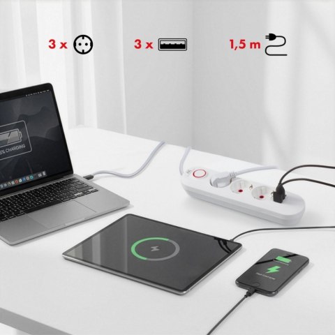 Listwa zasilająca MCE394 W 3 gniazda 3xUSB, 110-240V AC 50/60, 2.1A max 2500W, biała