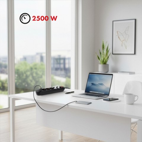 Listwa zasilająca MCE395 B 5 gniazd 3xUSB, 110-240V AC 50/60Hz, 2.1A max 2500W, czarna