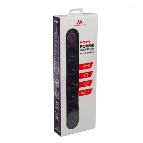 Listwa zasilająca MCE395 B 5 gniazd 3xUSB, 110-240V AC 50/60Hz, 2.1A max 2500W, czarna