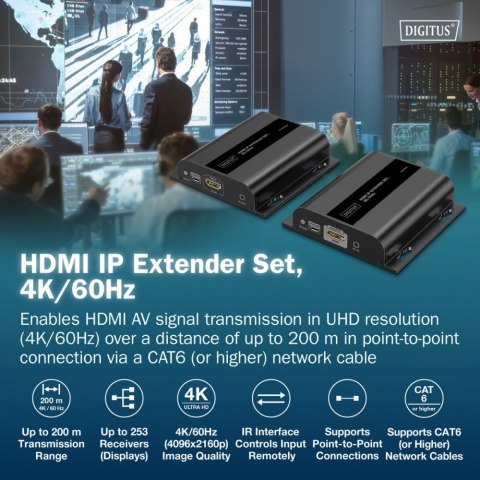 Przedłużacz (extender) po skrętce kat.6 HDMI 4K/60Hz przez IP 1G lub do 120m/200m, max. 253 odbiorniki, sterowanie IR - zestaw (