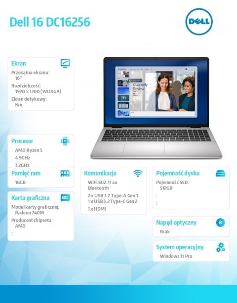 Laptop Dell 16 DC16256 W11P R5-220|16GB|512GB|AMD Radeon|FgrPr|WLAN+BT|16.0 FHD+|Backlit Kb|4C|65W|3YPS Platinum Silver (Metal)