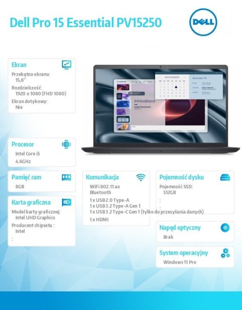 Laptop Dell Pro 15 Essential PV15250 W11P i5-1334U|8GB|512GB|Intel UHD|FgrPr|WLAN+BT|15.6 FHD|BcklKb|3C|65W|3YPS Carbon Black (P
