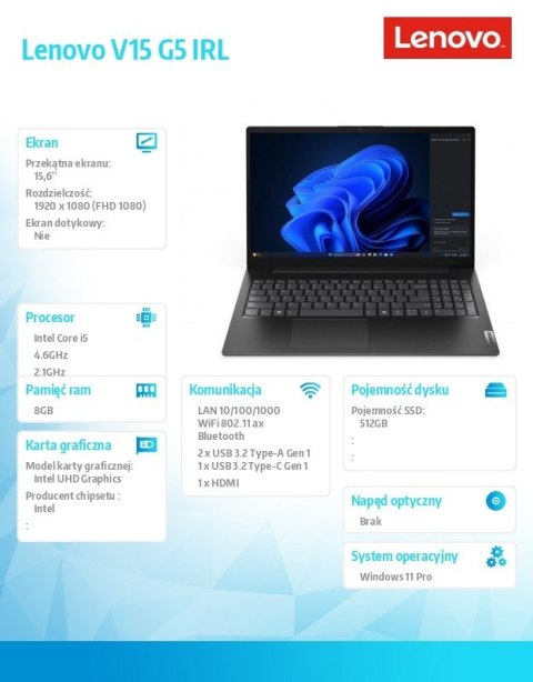 Notebook V15 G5 83GW009BPB W11Pro i5-13420H/8GB/512GB/INT/15.6 FHD/Business Black/3YRS OS