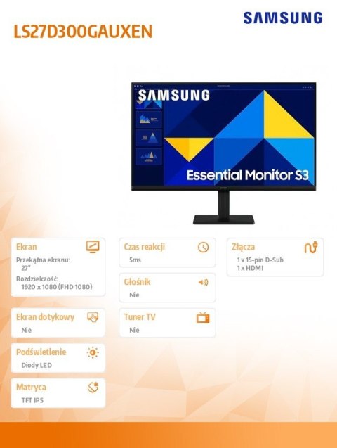 Monitor 27 cali S30GD IPS 1920x1080 FHD 16:9 1xHDMI 1xD-Sub 5ms 100Hz płaski 3YOn-Site (LS27D300GAUXEN)