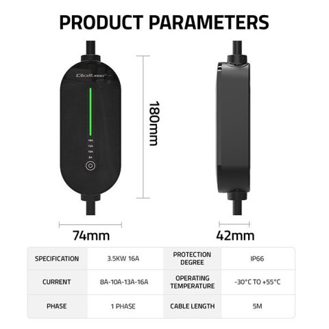 Mobilna ładowarka do samochodu elektrycznego EV z regulacją 2w1 Typ2 | 3.5kW | 230V | LCD | LED | 5m