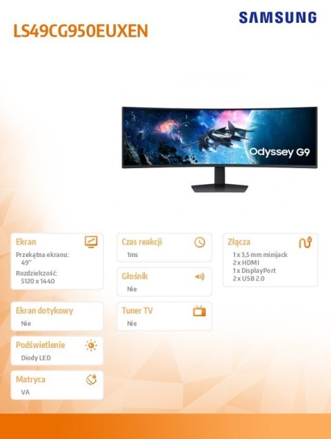 Monitor 49 cali Odysey G9 G95C VA 5120x1440 DQHD 32:9 2xHDMI 1xDP 2xUSB 2.0 1ms 240Hz zakrzywiony 3Yd2d (LS49CG950EUXEN)