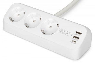 Listwa zasilająca biurkowa, 3 gniazda Schuko, 2x USB-A (2x 12W), 1x USB-C (30W) z zaciskiem na blat, kabel 1,5m, biała