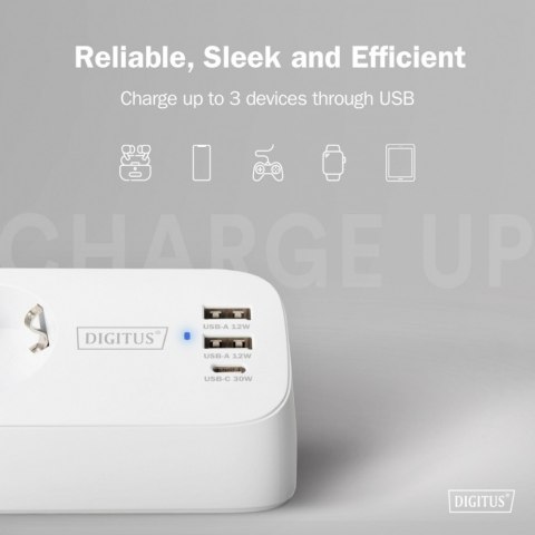 Listwa zasilająca biurkowa, 3 gniazda Schuko, 2x USB-A (2x 12W), 1x USB-C (30W) z zaciskiem na blat, kabel 1,5m, biała