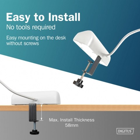 Listwa zasilająca biurkowa, 3 gniazda Schuko, 2x USB-A (2x 12W), 1x USB-C (30W) z zaciskiem na blat, kabel 1,5m, biała