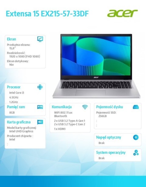 Notebook Extensa 15 EX215-57-33DF i3-1315U 15.6 FHD, 8GB DDR5, 256GB SSD, NoOS, srebrny