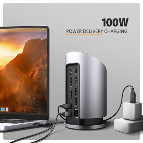 HMC-WL9 Wieloportowy hub USB 9in1, 10Gbps, 3xUSB-A, 1xUSB-C, DP 8K/60Hz, HDMI 4K/60Hz, PD 100W, GLAN, 100cm USB-C kabel, wireles