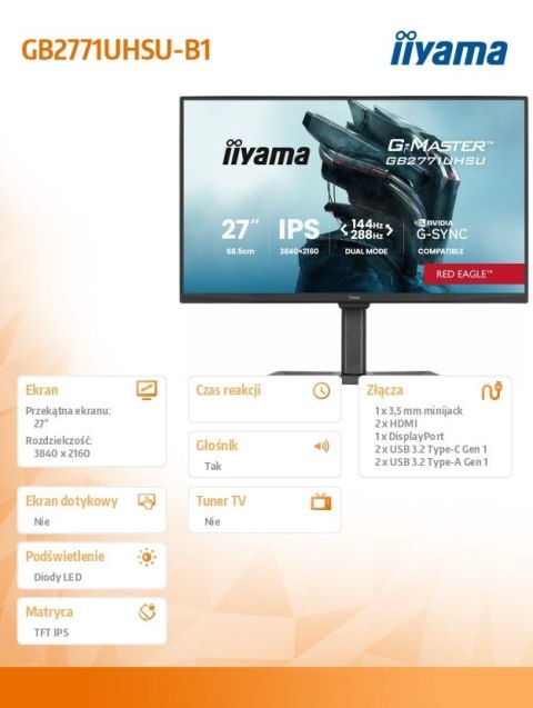 Monitor 27 cali GB2771UHSU-B1 4K 144Hz FHD 288Hz, 450cd, 2x2W, HAS 150, PIVOT