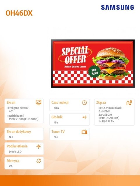 Monitor profesjonalny 46 cali 1920x1080 VA Tizen 8.0 WiFi/BT OH46DX LH46OHDEBGBXEN