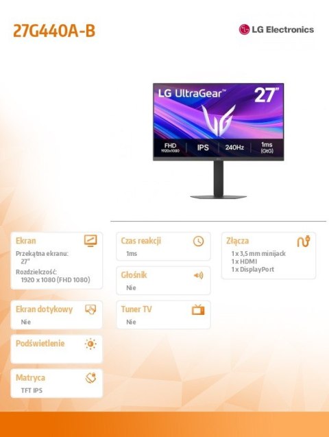 Monitor 27G440A-B 27 cali Ultra Gear FHD 240Hz