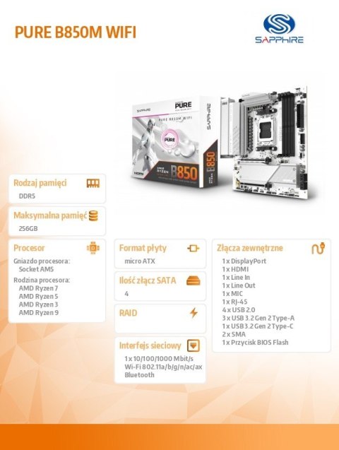 Płyta główna PURE B850M WIFI AM5 4DDR5 mATX