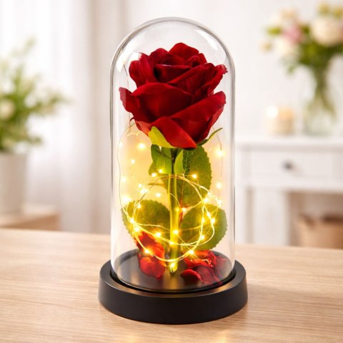 Wieczna Róża w Kopule z Oświetleniem LED Czerwona 21x11cm
