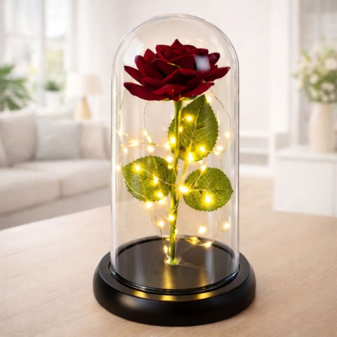 Wieczna Róża w Kopule z Oświetleniem LED Czerwona 21x11cm