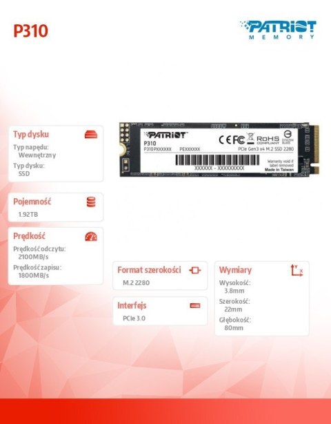 Dysk SSD 1.92TB P310 PCIe M.2 Gen3 x4 NVMe 2100/1800MB/s