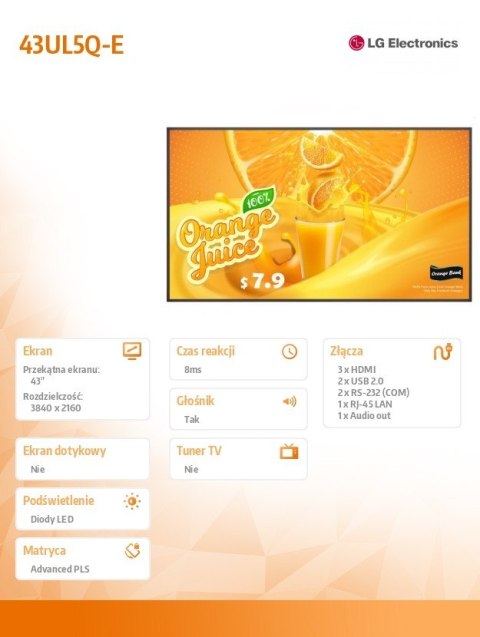 Monitor wielkoformatowy 43UL5Q-E 500cd/m2 UHD 24/7