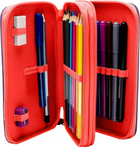 Piórnik dwukomorowy z wyposażeniem Spiderman czerwony-niebieski