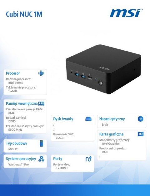 Komputer Cubi NUC 1MG-002EU WIN11PRO/ICore5 120U/8GB/512GB/WiFi/BT/Czarny